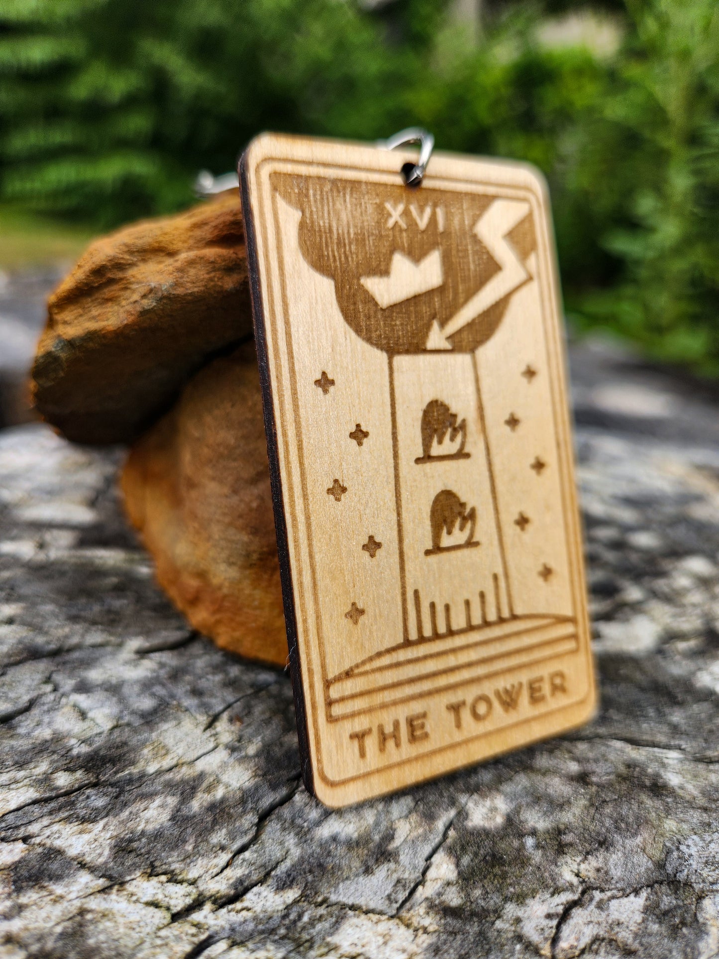 The Tower Wooden Tarot Card Keychain