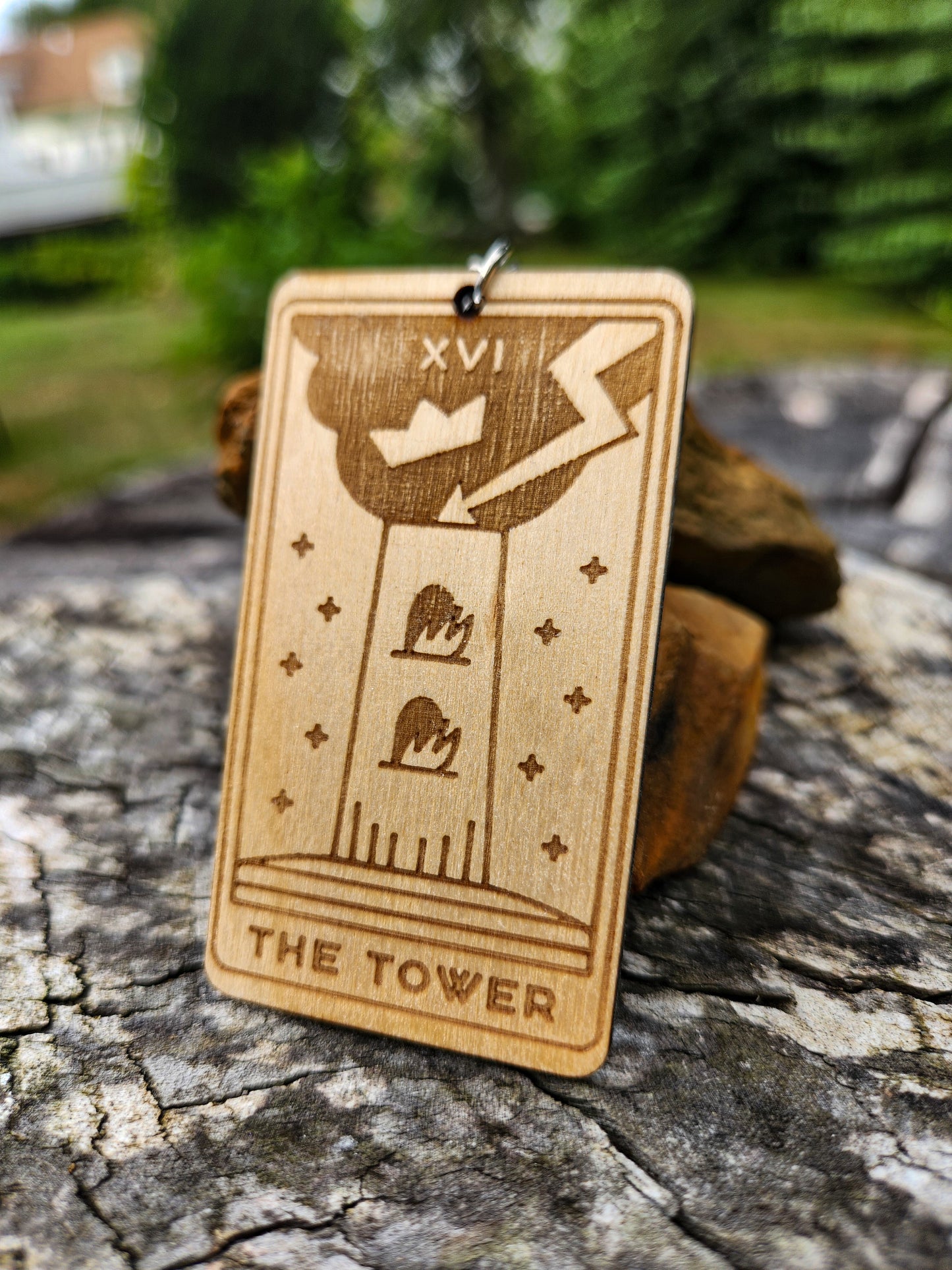 The Tower Wooden Tarot Card Keychain