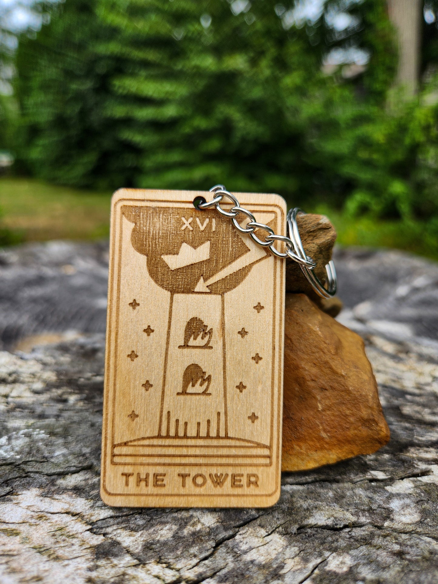 The Tower Wooden Tarot Card Keychain