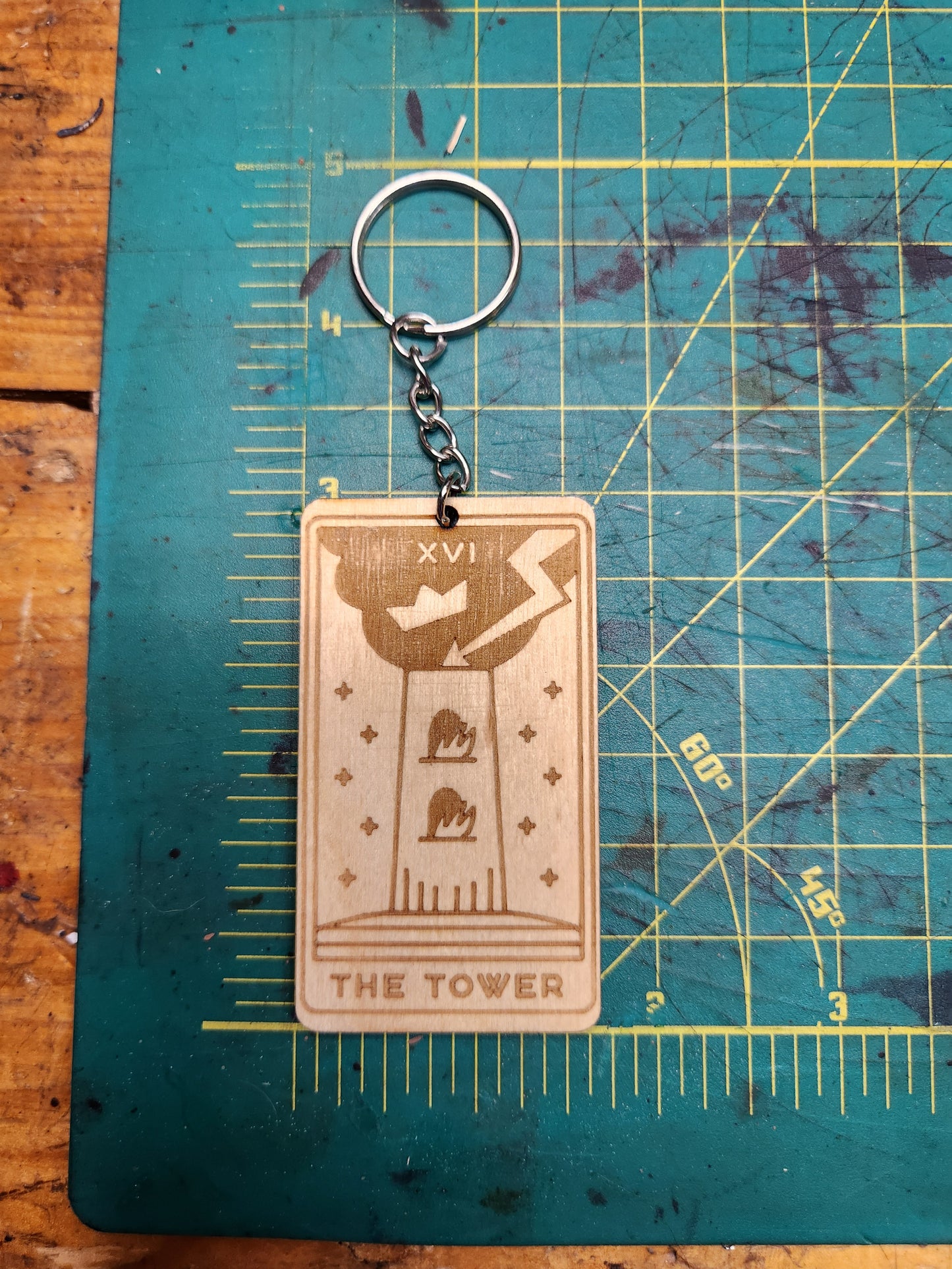 The Tower Wooden Tarot Card Keychain