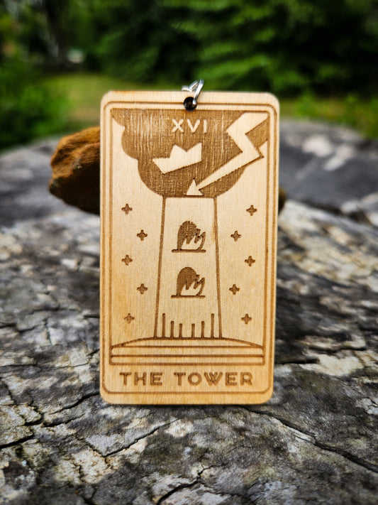 The Tower Wooden Tarot Card Keychain