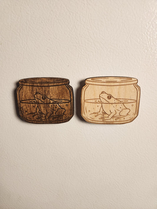 Frog in a Jar Magnet – Birch Ply, Goblincore Cottage Decor