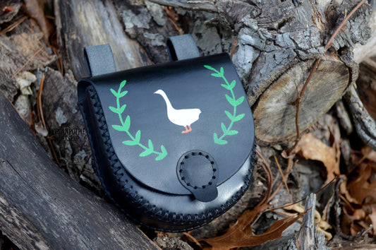 Hand-Painted Leather Belt Pouch with Goose Design | Black Hip Bag for LARP, Cosplay