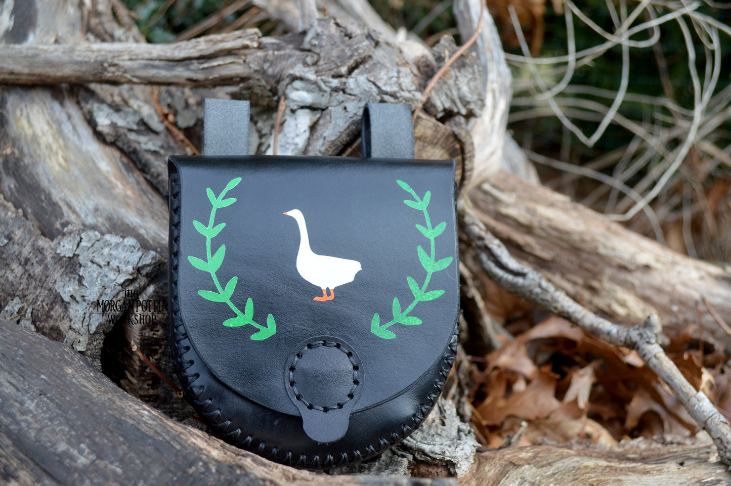 Hand-Painted Leather Belt Pouch with Goose Design | Black Hip Bag for LARP, Cosplay