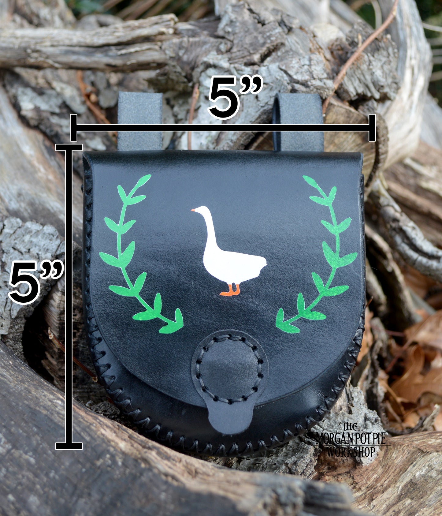 Hand-Painted Leather Belt Pouch with Goose Design | Black Hip Bag for LARP, Cosplay