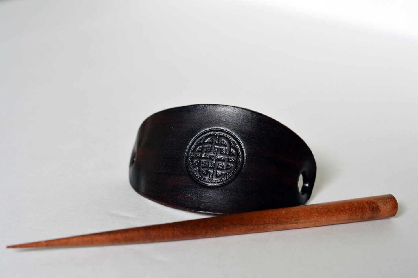Custom Handmade Stamped Leather Hair Barrette with Stick
